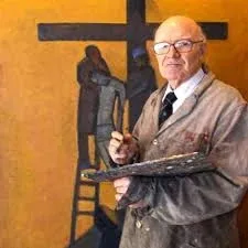 Francisco Travieso con una paleta y un pincel, frente a una pintura.