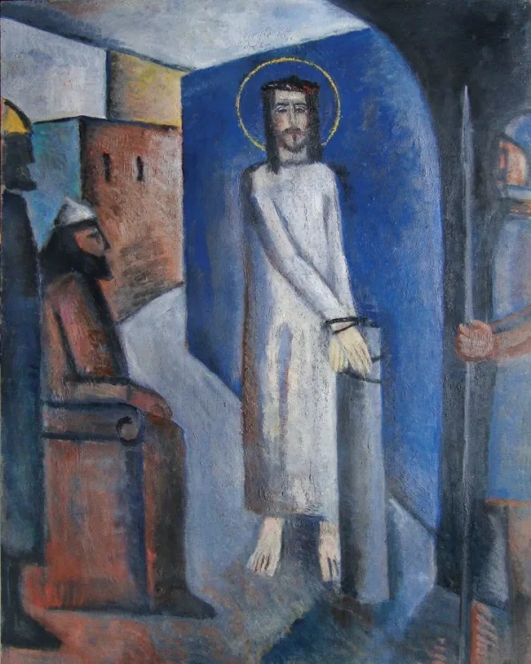 Estación I: Jesús es condenado a muerte. Óleo de Francisco Travieso en la Parroquia Cristo Obrero.