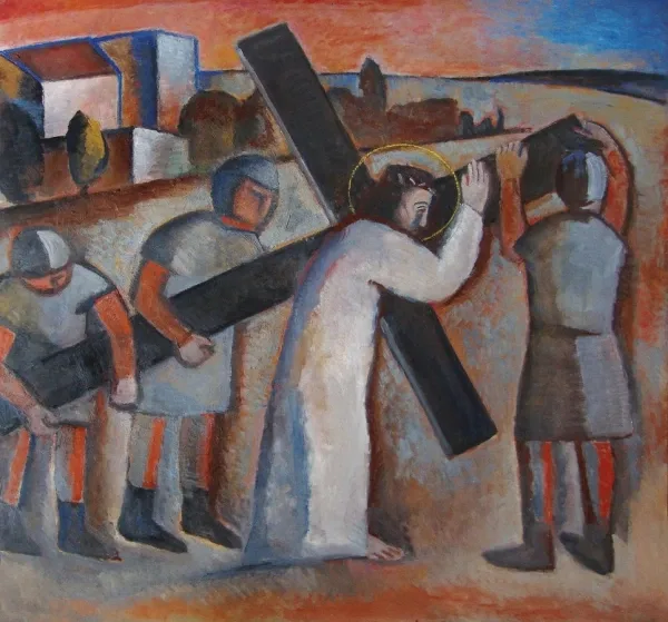 Estación II: Jesús carga con la cruz. Óleo de Francisco Travieso en la Parroquia Cristo Obrero.