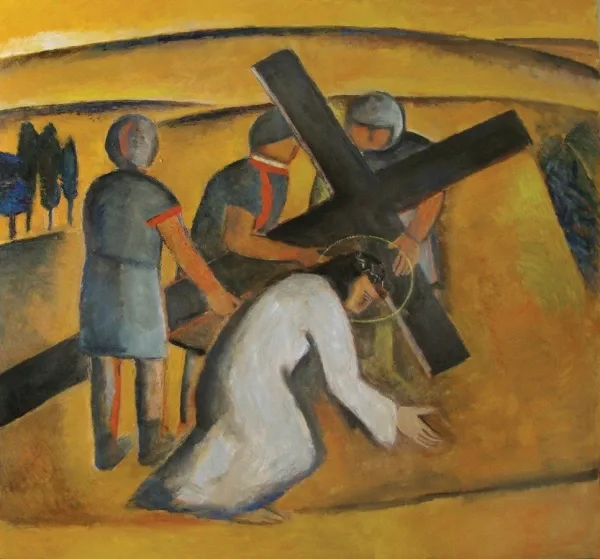 Estación III: Jesús cae por primera vez. Óleo de Francisco Travieso en la Parroquia Cristo Obrero.