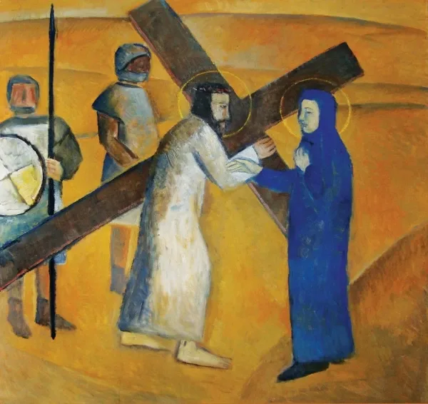 Estación IV: Jesús se encuentra con su Madre. Óleo de Francisco Travieso en la Parroquia Cristo Obrero.