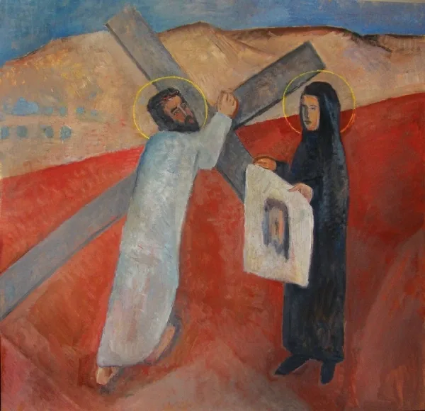 Estación VI: La Verónica limpia el rostro de Jesús. Óleo de Francisco Travieso en la Parroquia Cristo Obrero.