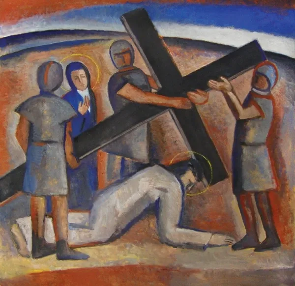 Estación VII: Jesús cae por segunda vez. Óleo de Francisco Travieso en la Parroquia Cristo Obrero.