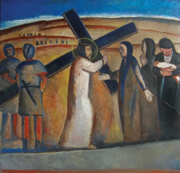 Estación VIII: Jesús se encuentra con las mujeres de Jerusalén. Óleo de Francisco Travieso en la Parroquia Cristo Obrero.
