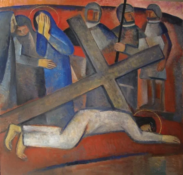 Estación IX: Jesús cae por tercera vez. Óleo de Francisco Travieso en la Parroquia Cristo Obrero.