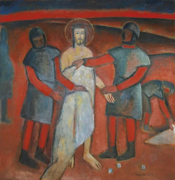 Estación X: Jesús es despojado de sus vestiduras. Óleo de Francisco Travieso en la Parroquia Cristo Obrero.